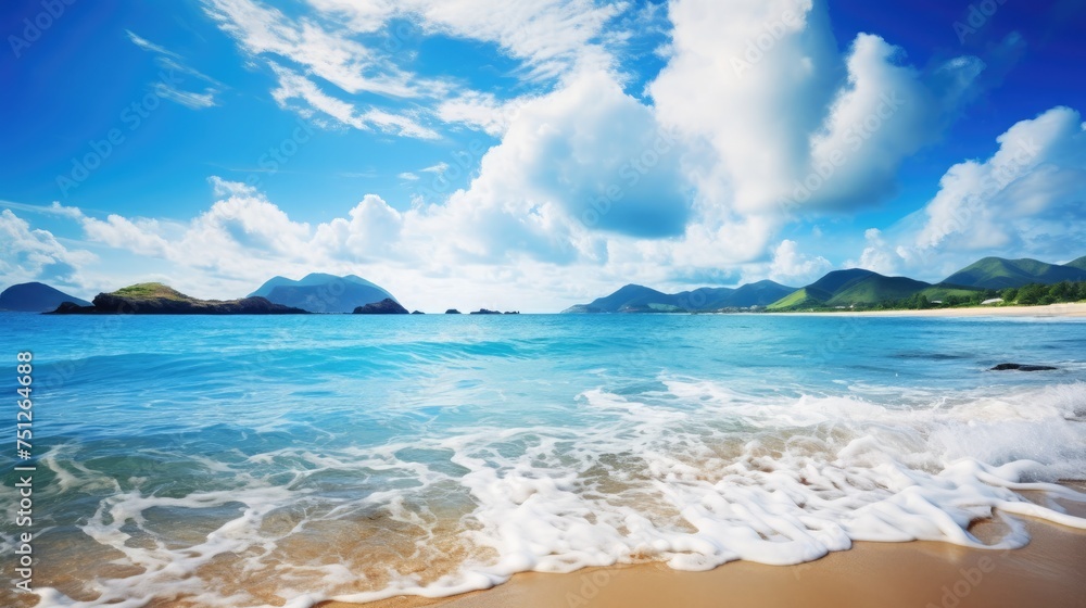 Beautiful scenery mountains sea beach blue sky white clouds seascape wallpaper background