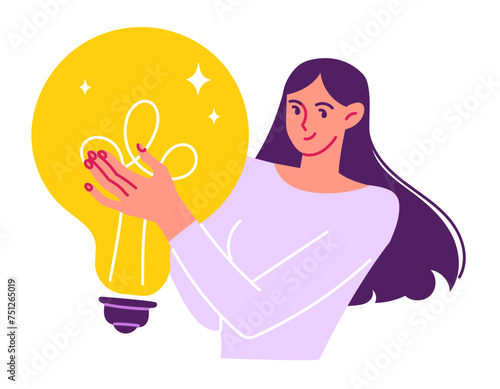 Woman has a great idea she is holding a light bulb.