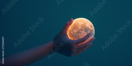 Mystical Hand Cradles Illuminated Moon in Dark Blue Sky Banner