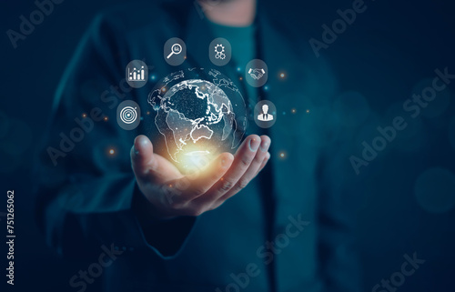 Businessman's hands showing communication, global connection, development, and successful business concept. Computer strategy, research, vision, network economy market technology background.