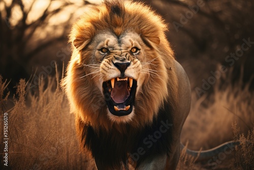 A fierce lion roaring in the savanna.