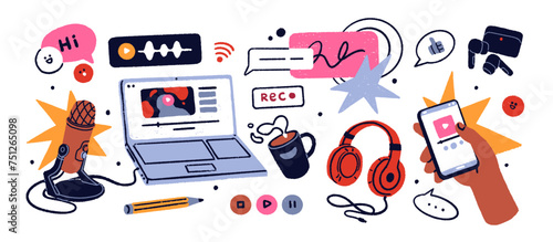 Podcast elements set. Microphone, mic, laptop, headphones, earphones and phone. Audio media equipment, stuff for sound, music records. Flat graphic vector illustration isolated on white background