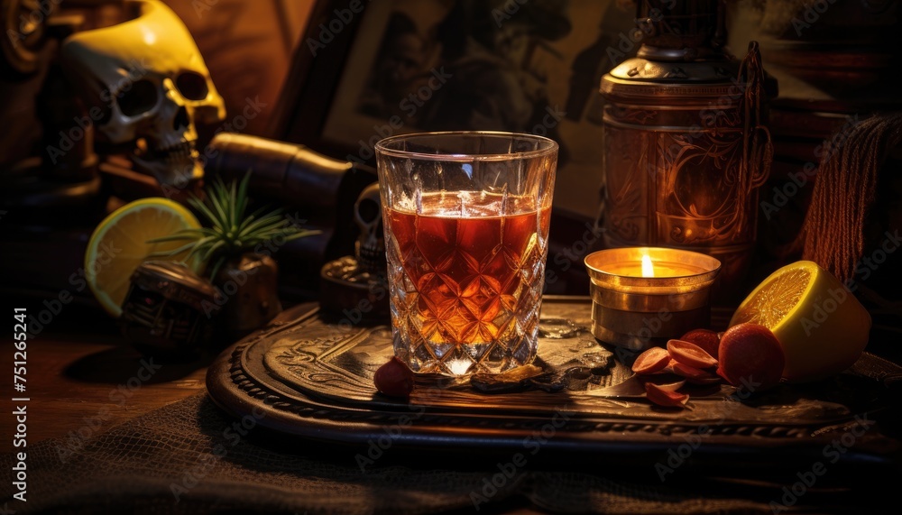 A glass filled with spiced rum is placed on top of a pirate-themed table, creating an intriguing and thematic setting A glass filled with spiced rum is placed on top of a pirate-themed table, creating an intriguing and thematic setting