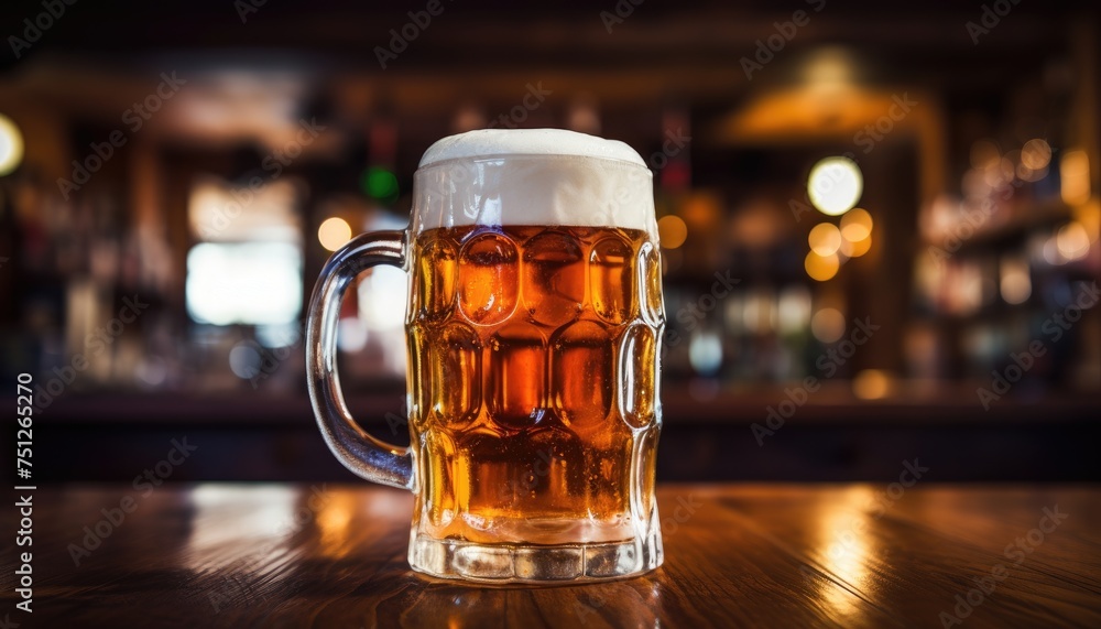 A mug of beer, filled with golden liquid and topped with foamy bubbles, sits on top of a rustic wooden table in a pub setting