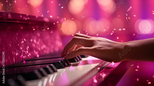 Pianist Hands on Piano Keys with Magical Lights. Generative ai