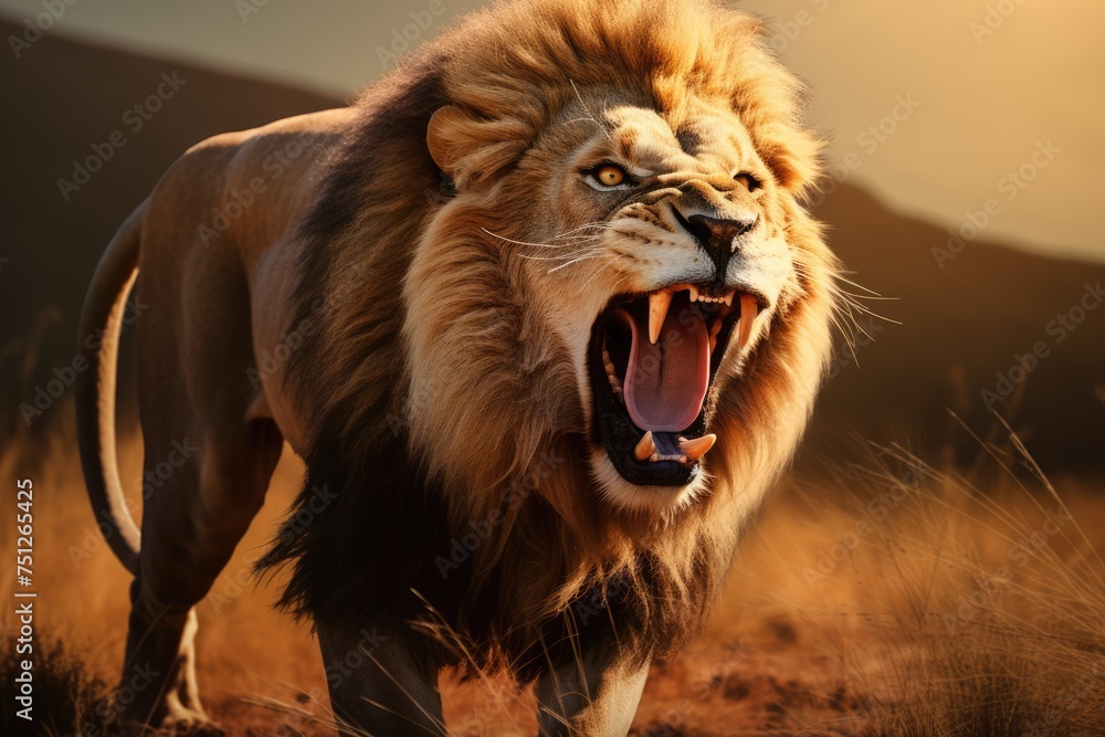 Naklejka premium A fierce lion roaring in the savanna. Portrait of a beautiful lion, Ai generated