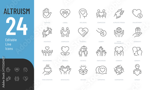 Altruism Line Editable Icons set. Vector illustration in modern thin line style of leisure and hobbies related icons: party, concert, outdoor recreation, and more. Pictograms and infographics.