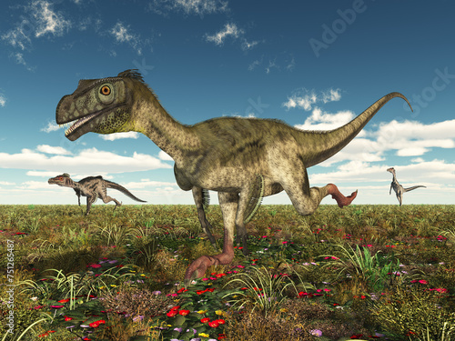 Dinosaurier Ornitholestes und Velociraptor in einer Landschaft