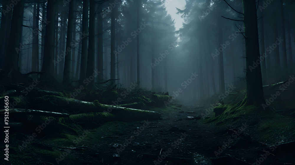 Mysterious dark forest with fog and footpath in the foreground - obrazy, fototapety, plakaty 