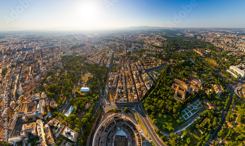 Rome, Italy. Roman forum. The city is at your fingertips. Panorama of the city on a summer morning. Aerial view