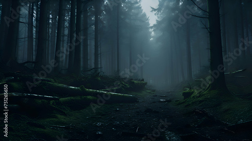 Mysterious dark forest with fog and footpath in the foreground