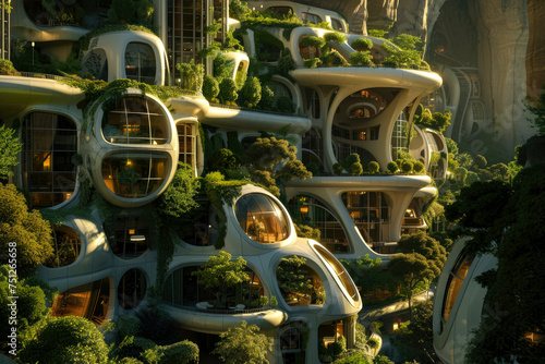 eco city. futuristic future city with many futuristic houses and green spaces. clean ecology. new energy solutions