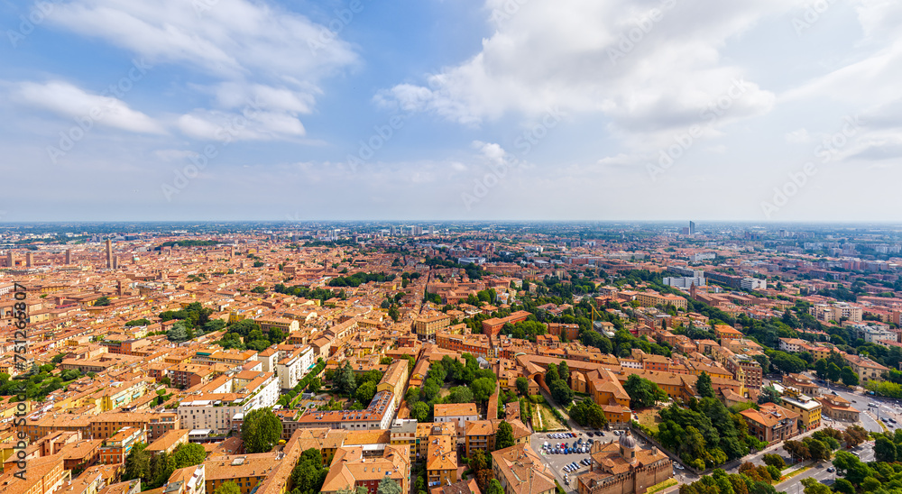 Bologna, Italy. Historical Center. Panorama of the city on a summer day. Sunny weather. Aerial view