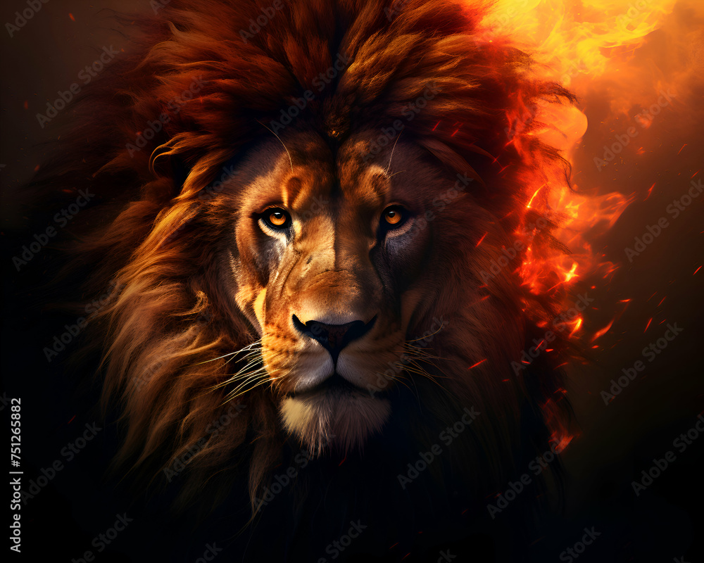Portrait of a lion on a dark background with fire and smoke