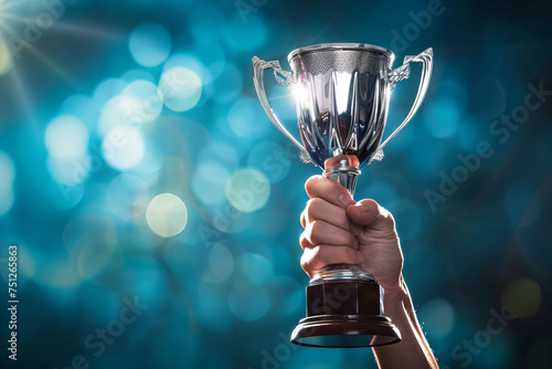 Triumphant Victory Celebration with Shiny Trophy Banner