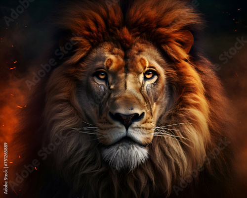 Portrait of a male lion with fire in the background. © Wazir Design