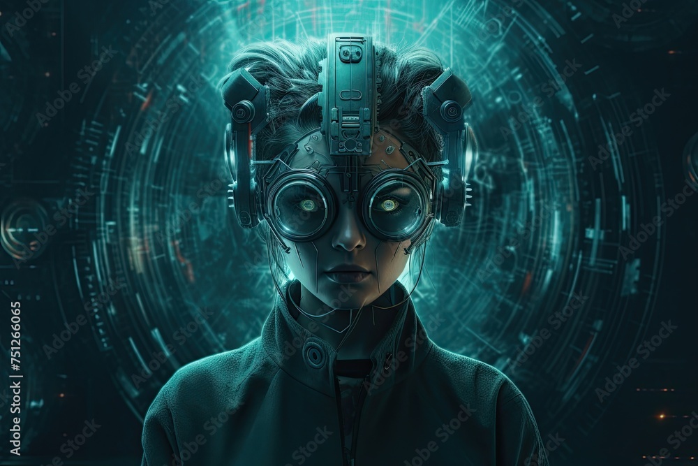 Portrait of a futuristic girl in virtual reality glasses on dark background Portrait of a futuristic girl in virtual reality glasses on dark background