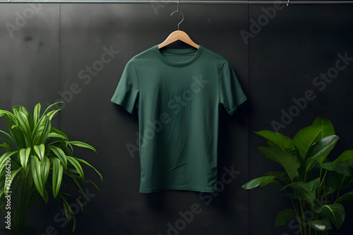 Green t-shirt on wooden hanger in dark room. mockup
