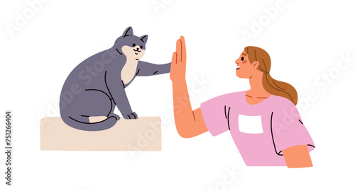 Human giving high five to cute cat. Smart feline animal greeting owner, clapping paw on hand, hi gesture. Pet communication concept. Flat graphic vector illustration isolated on white background
