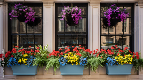 Flower filled window boxes. Closeup of colorful blooming flowers in window planters boxes adorning city building. 