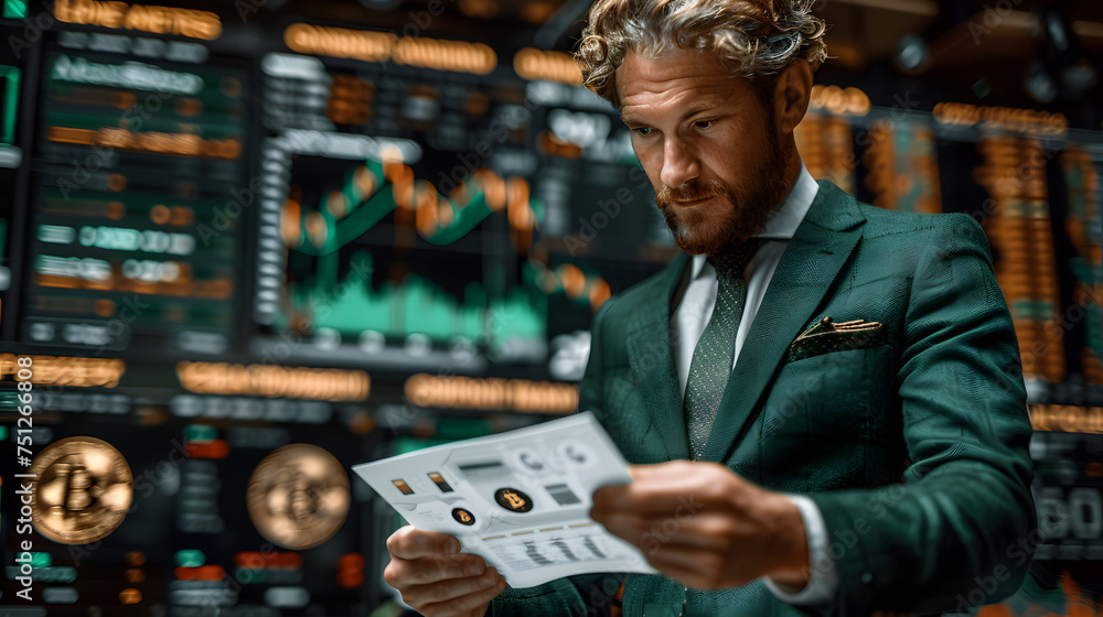 Experienced broker and investment professional analyzing market trend in digital finance world. Senior businessman in green suit strategizing for success in cryptocurrency and bitcoin on stock trading - obrazy, fototapety, plakaty 