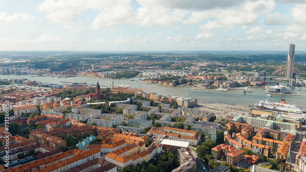 Gothenburg, Sweden. River Gota-Alv. Panoramic view of the central part of the city. Summer day. Cloudy weather, Aerial View