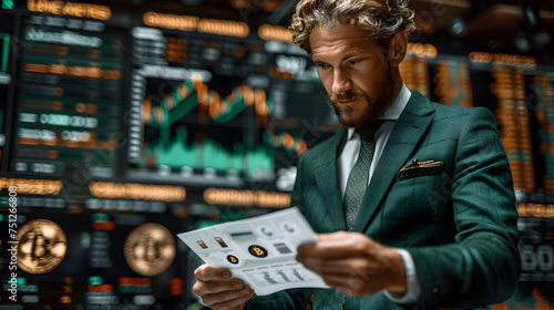 Experienced broker and investment professional analyzing market trend in digital finance world. Senior businessman in green suit strategizing for success in cryptocurrency and bitcoin on stock trading