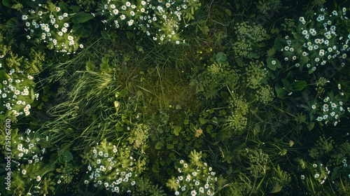 Field with grass and flowers, top view.