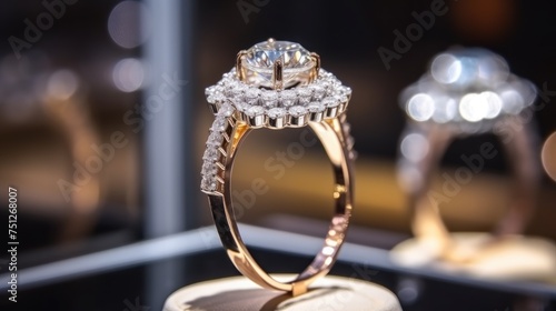 Wedding rings with diamonds on the table in a jewelry store with Copy Space