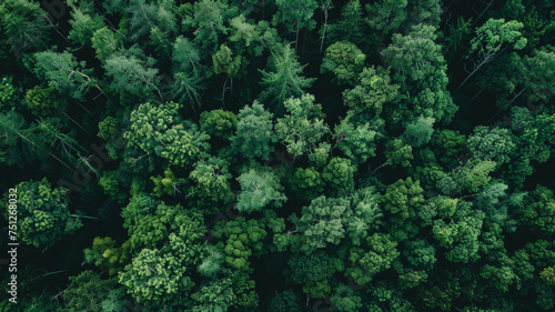 Aerial view of a dense  lush forest canopy from above  teeming with life.