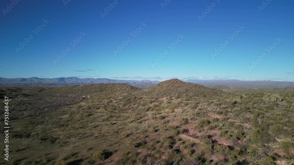 Wide aerial of saguaro cactus forest and green hills in Wickenburg Arizona Wide aerial of saguaro cactus forest and green hills in Wickenburg Arizona