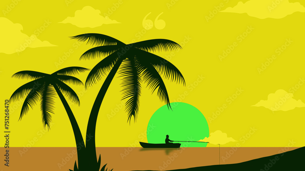 Orange Illustrated Sunset ,tree boat on yellow background design 