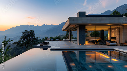 Medium shot photography, Summer Scenery at a sleek contemporary residence with pool, with panoramic mountain views as the background, during a clear sky © CanvasPixelDreams