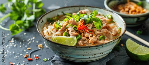 A bowl of food containing shredded pork and vegetables, likely served with noodle soup. The dish is arranged neatly with colorful vegetables and delicious-looking meat.