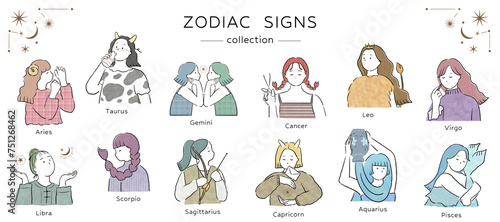 手書きタッチのシンプルな12星座の女の子
