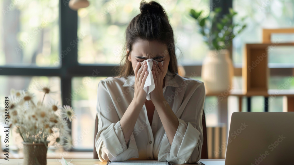 Young woman blowing her nose, allergy or cold symptoms while working at her laptop. Young woman blowing her nose, allergy or cold symptoms while working at her laptop.