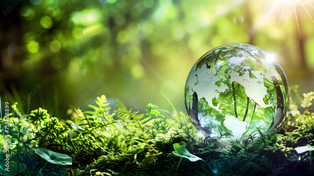Earth day concept with crystal globe creating a map on a mossy forest with the sun shining and green foliage Earth day concept with crystal globe creating a map on a mossy forest with the sun shining and green foliage