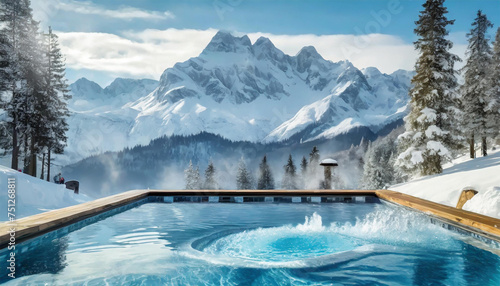Mountain Ski Resort  Spa Hot Tub Amidst Winter Forest with Snowy Peaks