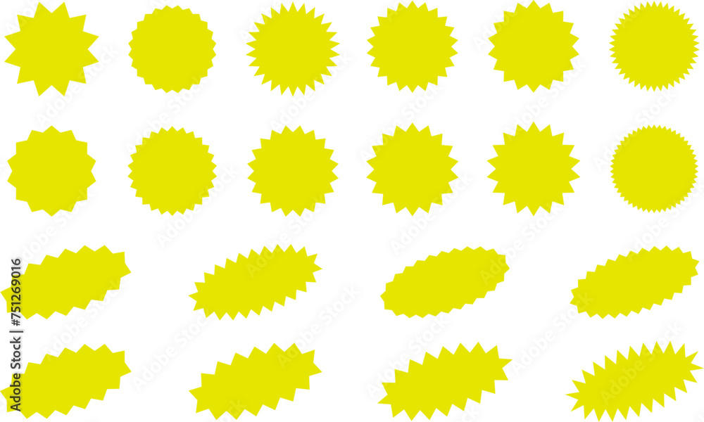 Starburst Yellow Sticker Set - collection of special offer sale oval and round shaped sunburst labels and badges. Promo stickers with star edges. Vector. Starburst Yellow Sticker Set - collection of special offer sale oval and round shaped sunburst labels and badges. Promo stickers with star edges. Vector.