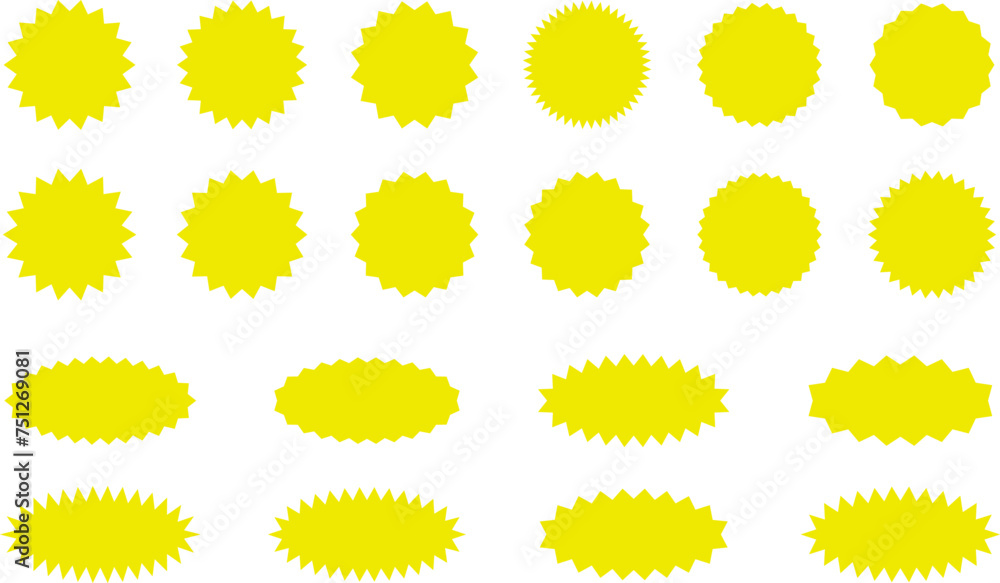 Starburst Yellow Sticker Set - collection of special offer sale oval and round shaped sunburst labels and badges. Promo stickers with star edges. Vector. Starburst Yellow Sticker Set - collection of special offer sale oval and round shaped sunburst labels and badges. Promo stickers with star edges. Vector.