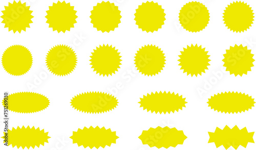 Starburst Yellow Sticker Set - collection of special offer sale oval and round shaped sunburst labels and badges. Promo stickers with star edges. Vector.