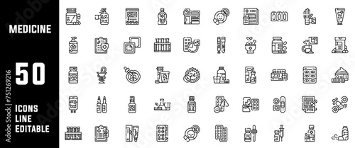 50 Medicine Icons Set Line Editable Vector Illustration