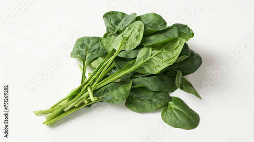 Healthy spinach leaves bundle on a clean white backdrop, symbolizing freshness and purity.