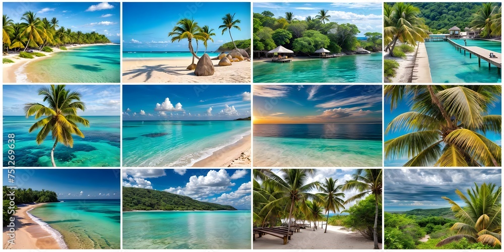 set of beautiful tropical beach with palm trees, thailand, travel and vacation concept collage of pictures of the beach and sea abstract background with waves and sea.
