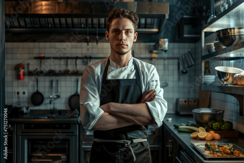 portrait of a handsome male cook in uniform against the background of a restaurant kitchen