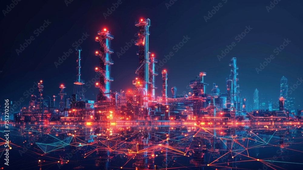 An oil production wireframe banner template with polygonal naphtha industry, earth mining, and mineral resource extraction mesh art. An oil refinery, plant equipment with connected dots.