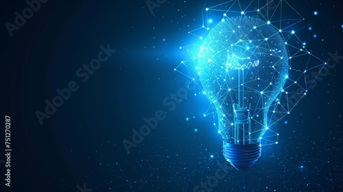 The blue glowing light bulb is an abstract design. A low poly style design is shown against an abstract geometric background. A wireframe light connection structure is seen in the background. The