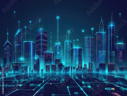 Digital illustration of a neon-lit futuristic cityscape with cybernetic enhancements, showcasing connectivity and technology. © cherezoff