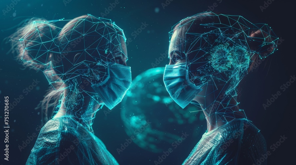 An elderly man and woman looking at each other while wearing surgical masks on a world or planet background. Viral  illustration created with low poly wireframes. Pandemic or epidemic concept. - obrazy, fototapety, plakaty 