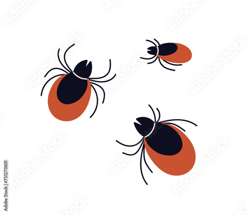 Mites, parasite predatory insects. Ticks, encephalitis bugs. Acarus animals. Acarids, epidemic dangerous little beetles. Flat graphic vector illustration isolated on white background
